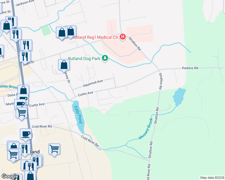 map of restaurants, bars, coffee shops, grocery stores, and more near 128 Curtis Avenue in Rutland