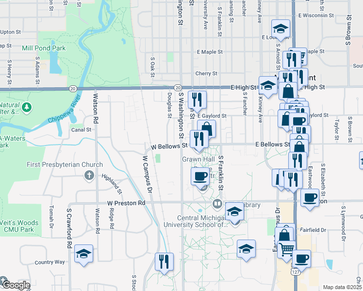 map of restaurants, bars, coffee shops, grocery stores, and more near South Washington Street in Mount Pleasant