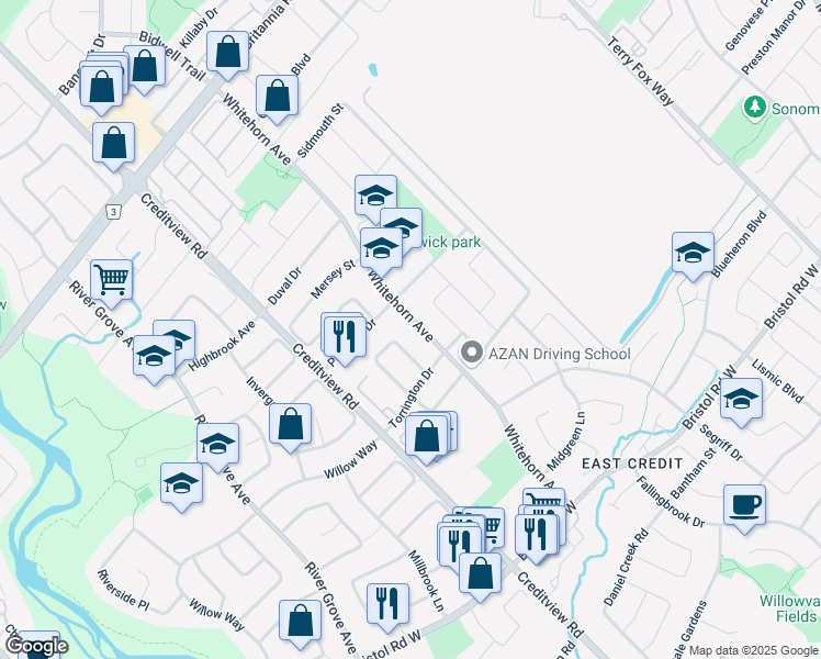 map of restaurants, bars, coffee shops, grocery stores, and more near in Mississauga