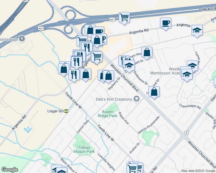 map of restaurants, bars, coffee shops, grocery stores, and more near 3071 Bayberry Drive in Mississauga