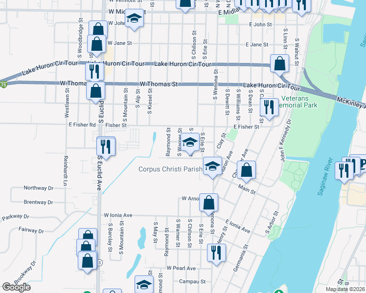 map of restaurants, bars, coffee shops, grocery stores, and more near 808 South Warner Street in Bay City