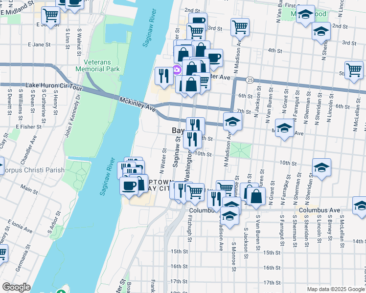map of restaurants, bars, coffee shops, grocery stores, and more near 301 Washington Avenue in Bay City