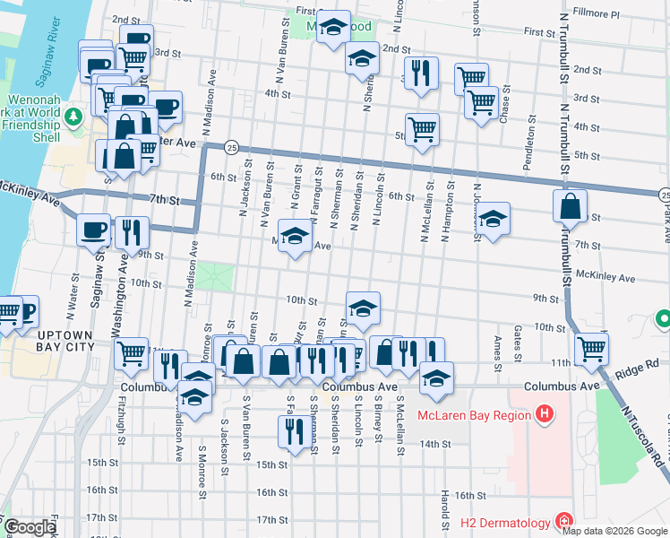 map of restaurants, bars, coffee shops, grocery stores, and more near 312 North Sherman Street in Bay City