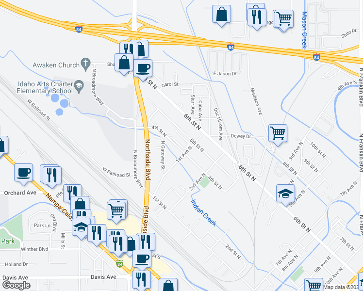 map of restaurants, bars, coffee shops, grocery stores, and more near 91 4th Street North in Nampa