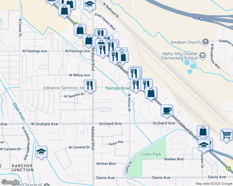 map of restaurants, bars, coffee shops, grocery stores, and more near 720 West Bridger Avenue in Nampa