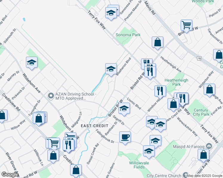 map of restaurants, bars, coffee shops, grocery stores, and more near in Mississauga