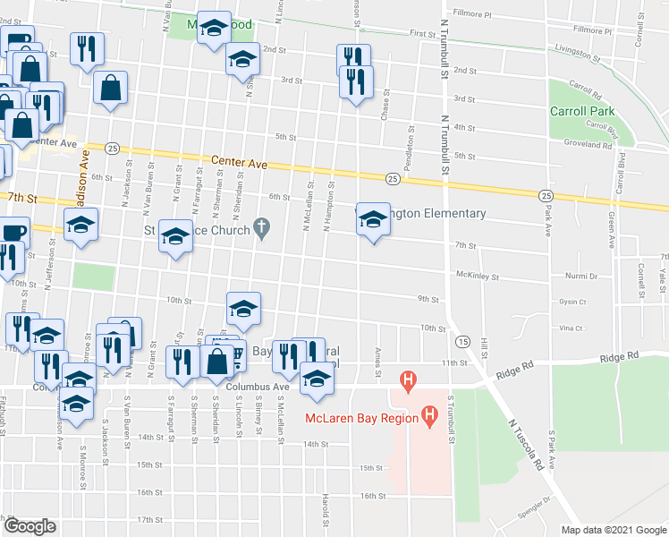 map of restaurants, bars, coffee shops, grocery stores, and more near 1719 9th Street in Bay City