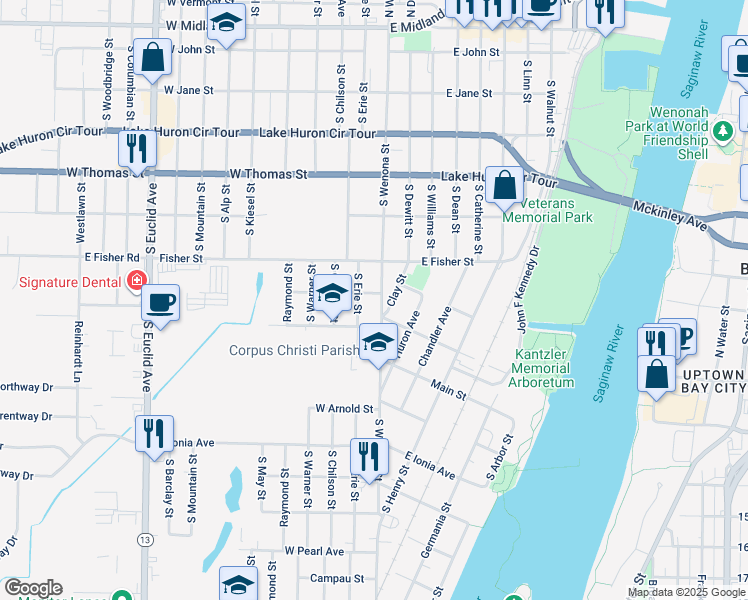 map of restaurants, bars, coffee shops, grocery stores, and more near 808 South Wenona Street in Bay City
