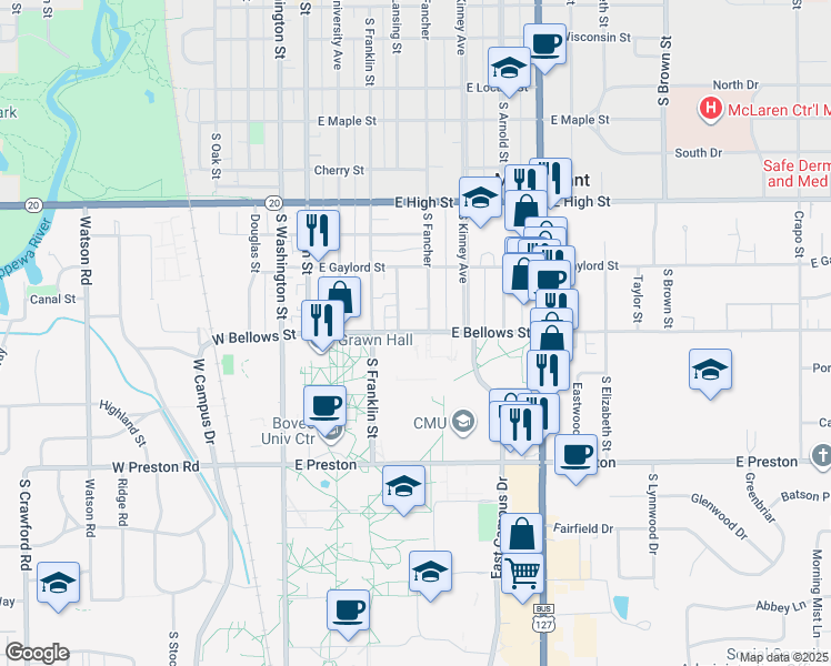 map of restaurants, bars, coffee shops, grocery stores, and more near Unnamed Road in Mount Pleasant