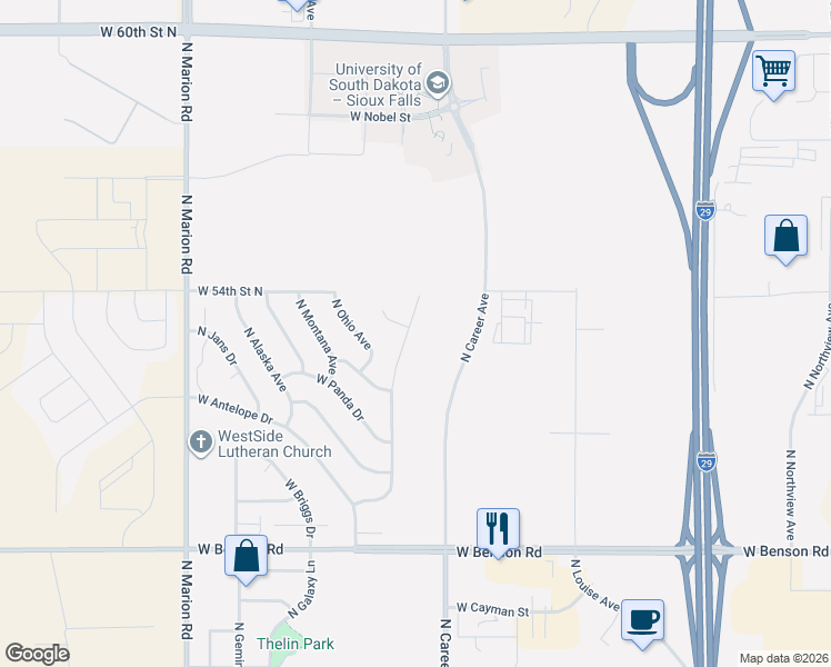 map of restaurants, bars, coffee shops, grocery stores, and more near 4222 North Pennsylvania Avenue in Sioux Falls