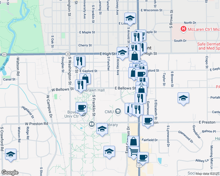 map of restaurants, bars, coffee shops, grocery stores, and more near 510 East Bellows Street in Mount Pleasant