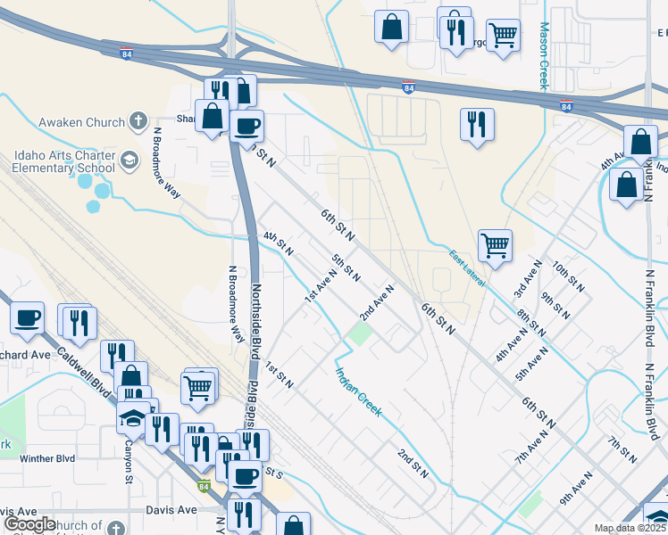 map of restaurants, bars, coffee shops, grocery stores, and more near 427 1st Avenue North in Nampa