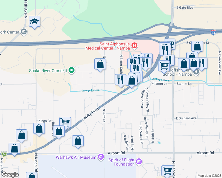 map of restaurants, bars, coffee shops, grocery stores, and more near 4008 Garrity Boulevard in Nampa