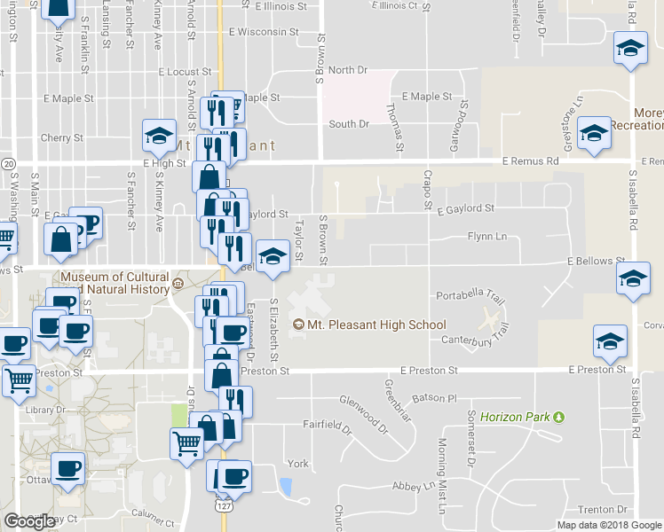 map of restaurants, bars, coffee shops, grocery stores, and more near 1213 East Bellows Street in Mount Pleasant