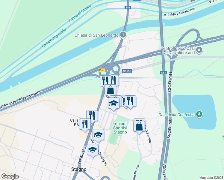 map of restaurants, bars, coffee shops, grocery stores, and more near 9 Via C. Marchesi in Stagno