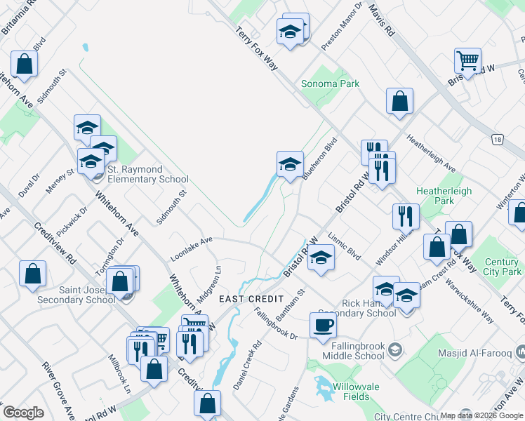 map of restaurants, bars, coffee shops, grocery stores, and more near 1169 Barnswallow Court in Mississauga