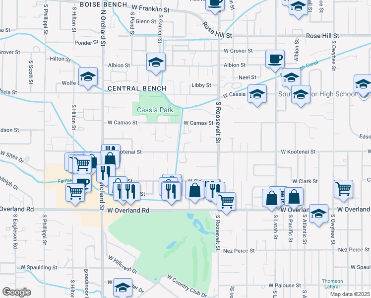 map of restaurants, bars, coffee shops, grocery stores, and more near 1154 Abbey Circle in Boise