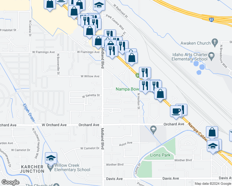 map of restaurants, bars, coffee shops, grocery stores, and more near 822 Comstock Circle in Nampa