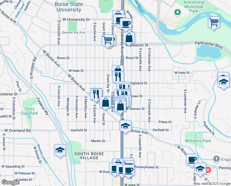 map of restaurants, bars, coffee shops, grocery stores, and more near 1604 South Denver Avenue in Boise