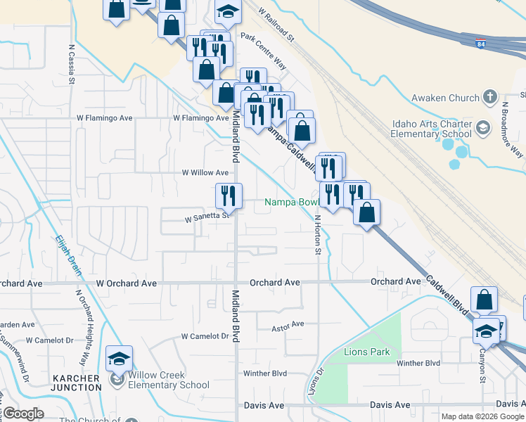 map of restaurants, bars, coffee shops, grocery stores, and more near 914 North Midland Boulevard in Nampa