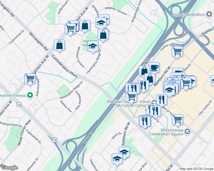 map of restaurants, bars, coffee shops, grocery stores, and more near 390 Harrowsmith Drive in Mississauga
