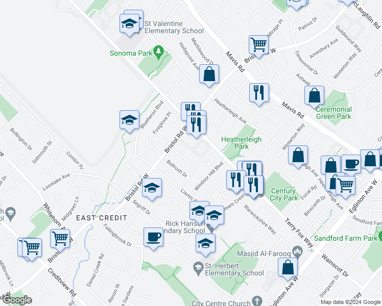 map of restaurants, bars, coffee shops, grocery stores, and more near 1050 Bristol Road West in Mississauga