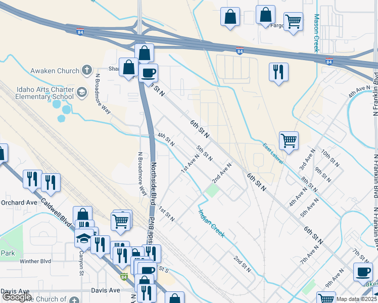 map of restaurants, bars, coffee shops, grocery stores, and more near 91 4th Street North in Nampa