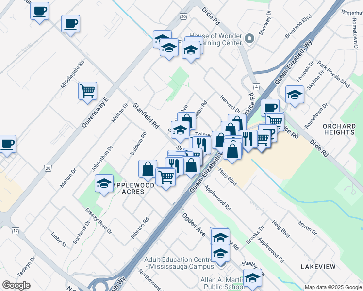 map of restaurants, bars, coffee shops, grocery stores, and more near 2067 Stanfield Road in Mississauga