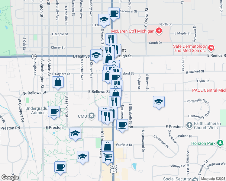 map of restaurants, bars, coffee shops, grocery stores, and more near U.S. 127 Business in Mount Pleasant