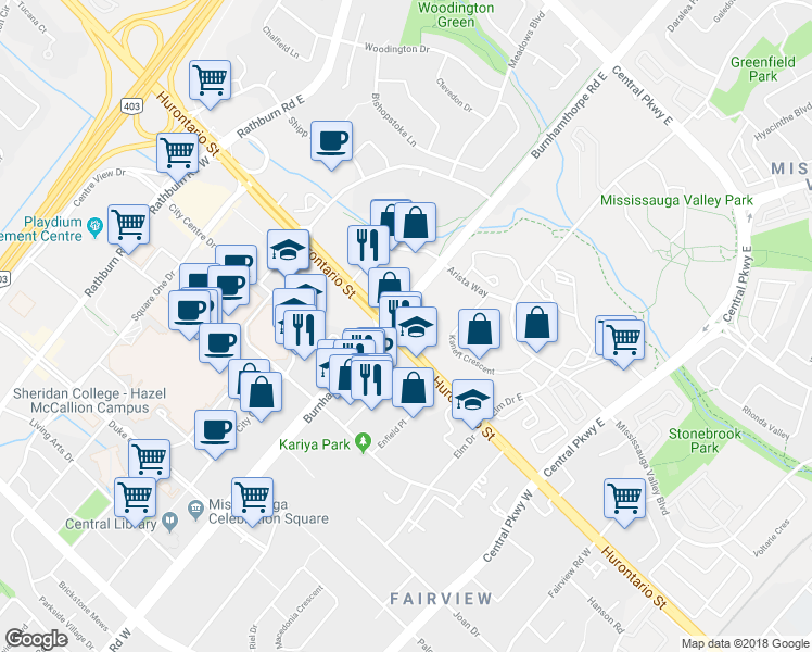 map of restaurants, bars, coffee shops, grocery stores, and more near 12 Burnhamthorpe Road East in Mississauga