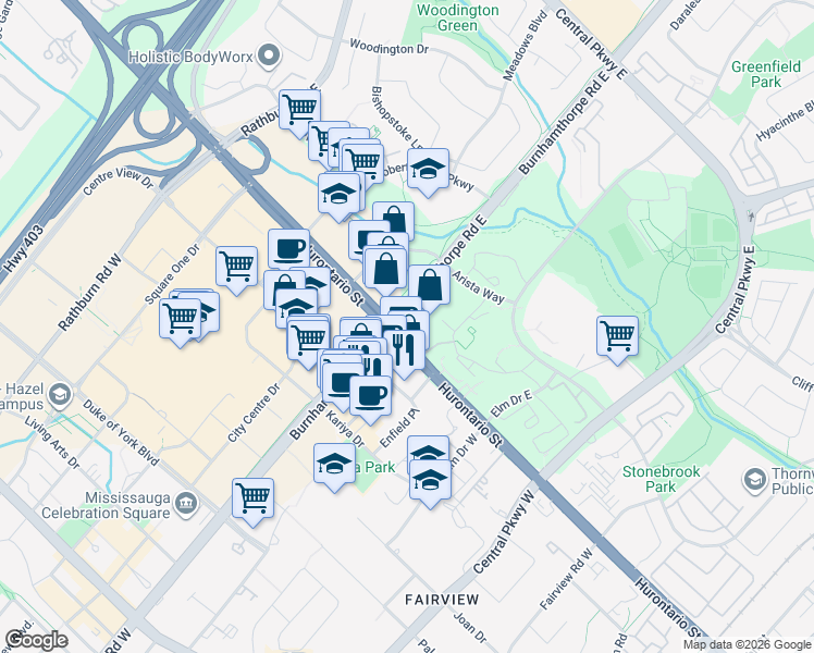 map of restaurants, bars, coffee shops, grocery stores, and more near 12 Burnhamthorpe Road East in Mississauga