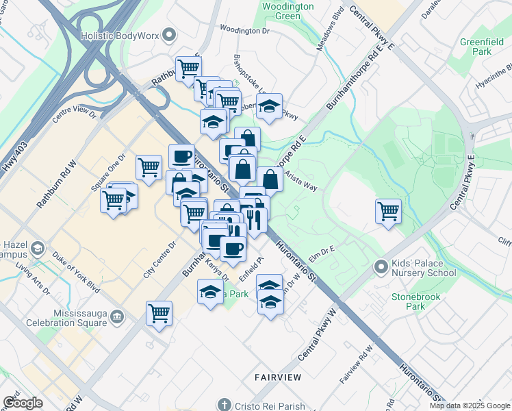 map of restaurants, bars, coffee shops, grocery stores, and more near 12 Burnhamthorpe Road East in Mississauga