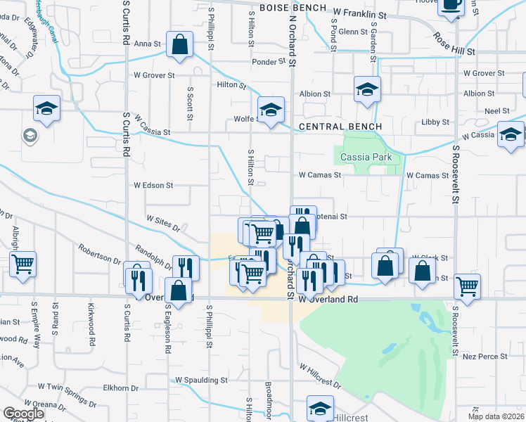 map of restaurants, bars, coffee shops, grocery stores, and more near 1245 South Security Lane in Boise