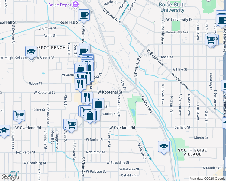 map of restaurants, bars, coffee shops, grocery stores, and more near 2219 West Kootenai Street in Boise