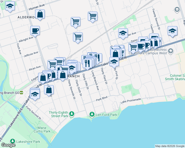 map of restaurants, bars, coffee shops, grocery stores, and more near 66 Long Branch Avenue in Toronto