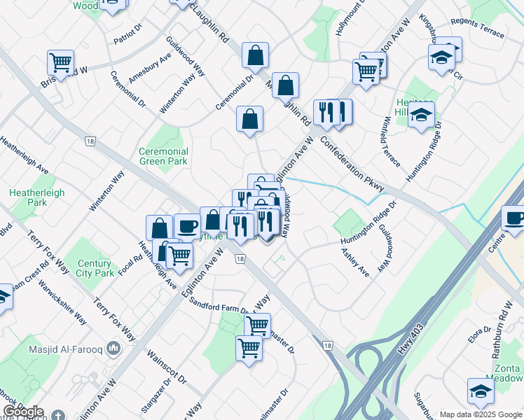 map of restaurants, bars, coffee shops, grocery stores, and more near 620 Eglinton Avenue West in Mississauga