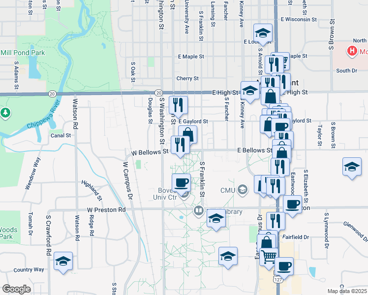 map of restaurants, bars, coffee shops, grocery stores, and more near 150 East Bellows Street in Mount Pleasant