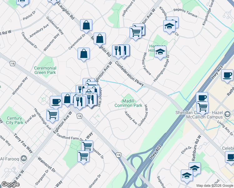 map of restaurants, bars, coffee shops, grocery stores, and more near 4478 Centretown Way in Mississauga