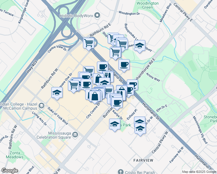 map of restaurants, bars, coffee shops, grocery stores, and more near 77 City Centre Drive in Mississauga
