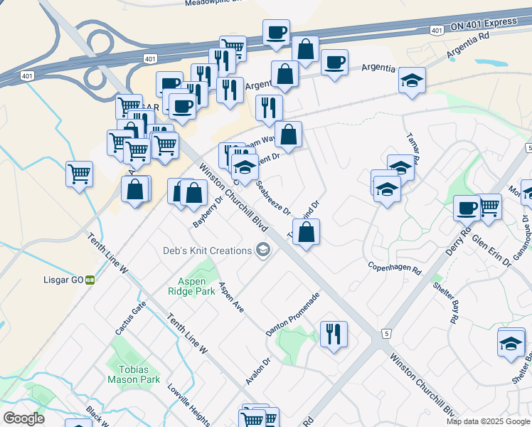 map of restaurants, bars, coffee shops, grocery stores, and more near 7267 Windbreak Court in Mississauga