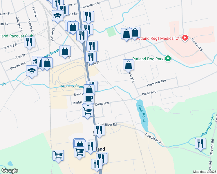 map of restaurants, bars, coffee shops, grocery stores, and more near 25 Curtis Avenue in Rutland