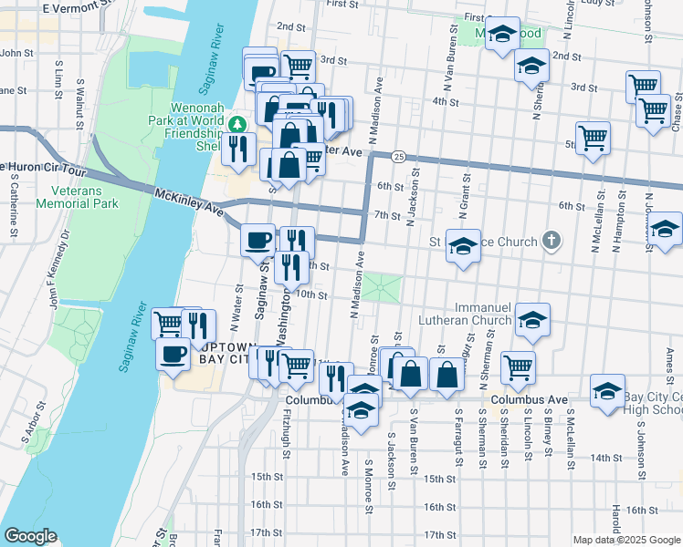 map of restaurants, bars, coffee shops, grocery stores, and more near 501 10th Street in Bay City