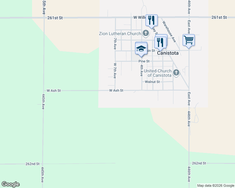 map of restaurants, bars, coffee shops, grocery stores, and more near 551 Ash Street in Canistota