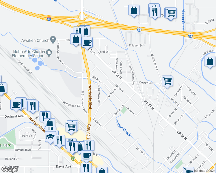 map of restaurants, bars, coffee shops, grocery stores, and more near 91 4th Street North in Nampa