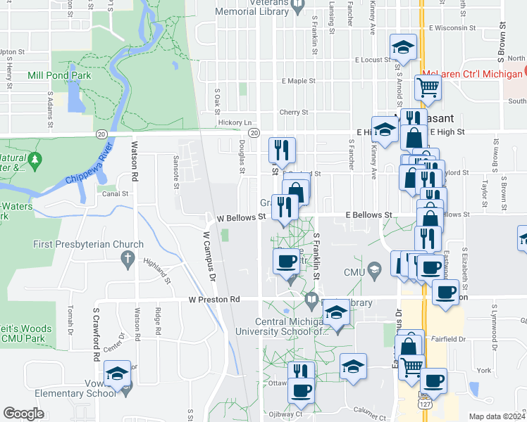 map of restaurants, bars, coffee shops, grocery stores, and more near 1115 South Washington Street in Mount Pleasant