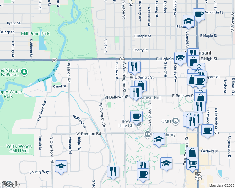 map of restaurants, bars, coffee shops, grocery stores, and more near Menominee St in Mt Pleasant