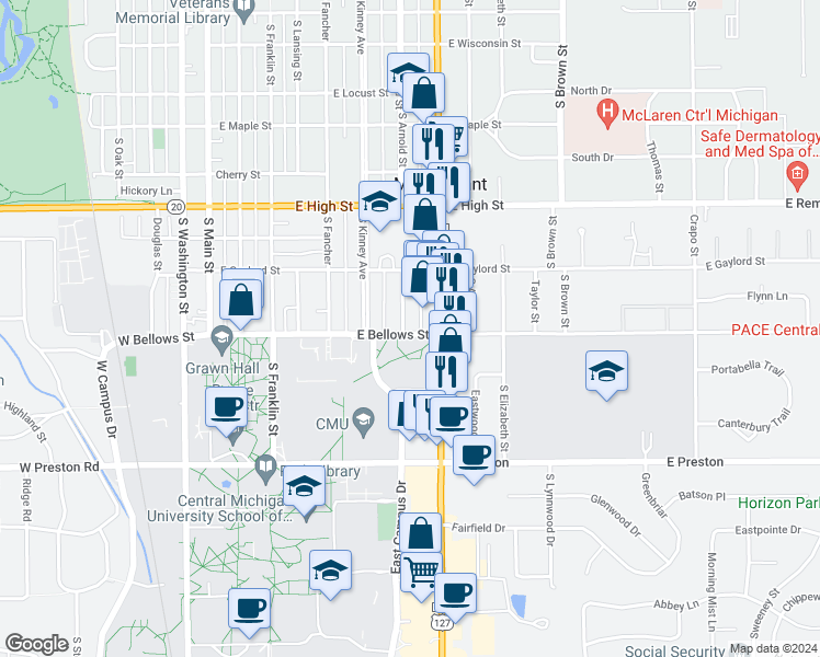 map of restaurants, bars, coffee shops, grocery stores, and more near 701 East Bellows Street in Mount Pleasant