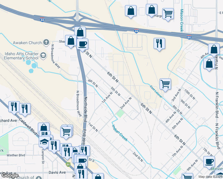 map of restaurants, bars, coffee shops, grocery stores, and more near 120 4th Street North in Nampa