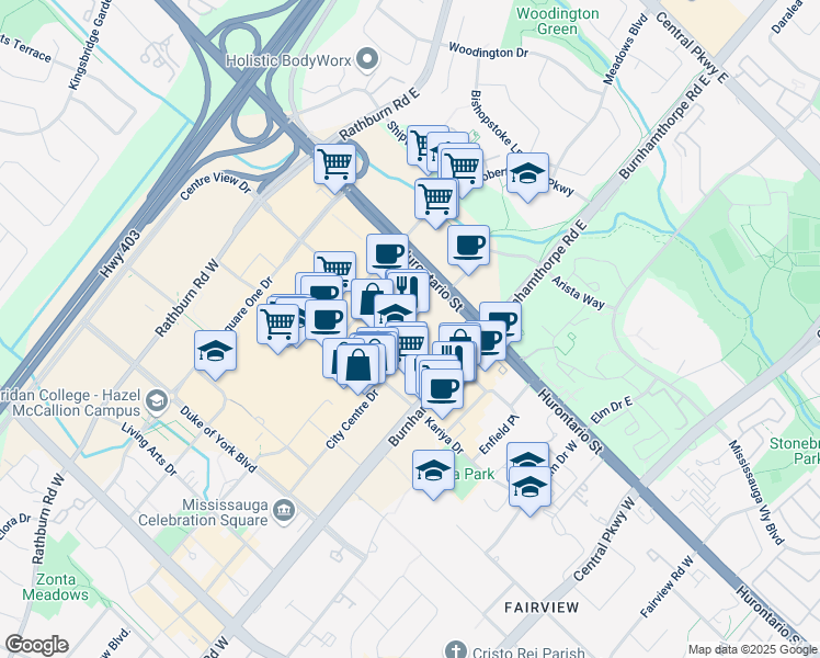 map of restaurants, bars, coffee shops, grocery stores, and more near 55 City Centre Drive in Mississauga