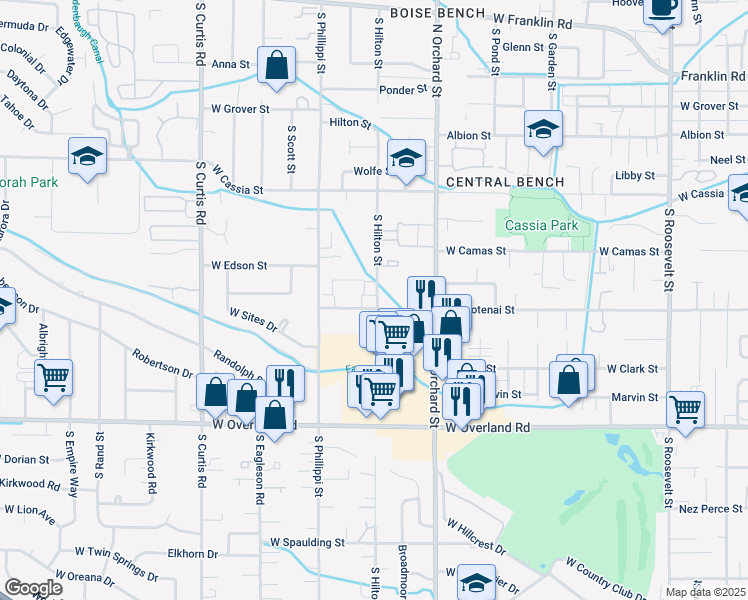 map of restaurants, bars, coffee shops, grocery stores, and more near 1177 South Hilton Street in Boise